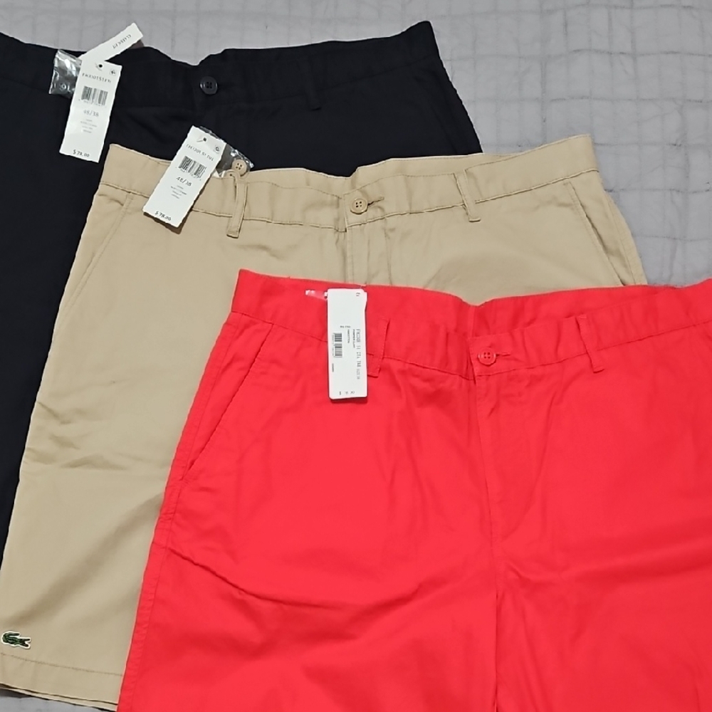 NWT Lacoste Shorts Set - Vibrant Red, Classic Tan, Navy Blue - Sz 38